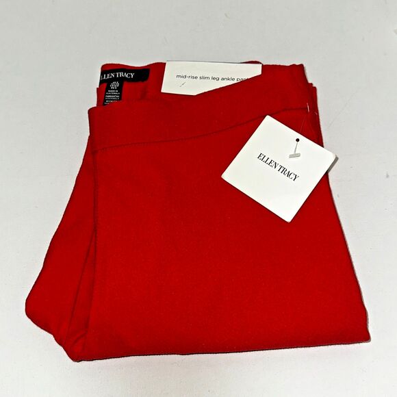 Ellen Tracy NWT Women's Slim Fit Ankle Pants Red Tomato Size Small Textured Grid - Picture 1 of 12